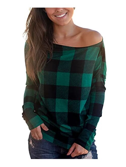 Cosonsen Women's Off Shoulder Top Long Sleeve Plaid Tee Shirt Blouse