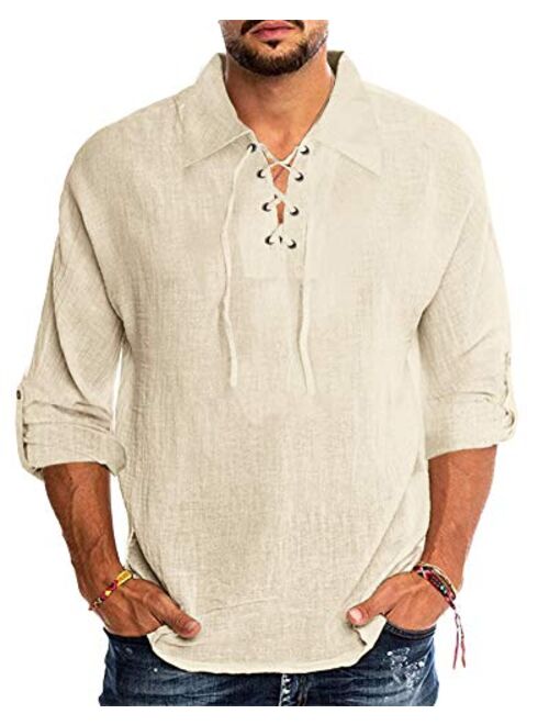 Runcati Mens Linen Cotton T Shirt Casual Long Sleeve Beach Hippie Yoga Tees Plain Drawstring Lace-up Summer Tops