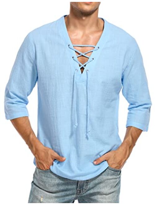 LecGee Men's Casual Cotton Linen Shirt Short Sleeve V Neck Lace Up Hippie Beach Tee Shirts Yoga Summer Top