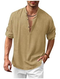 Men's Cotton Linen Henley Shirt Casual Beach Hippie Shirts Long Sleeve T-Shirts