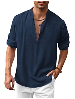 Men's Cotton Linen Henley Shirt Casual Beach Hippie Shirts Long Sleeve T-Shirts