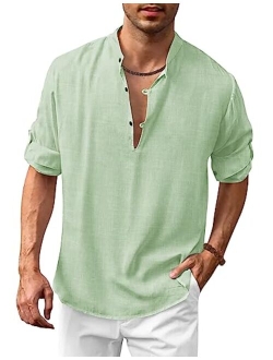 Men's Cotton Linen Henley Shirt Casual Beach Hippie Shirts Long Sleeve T-Shirts