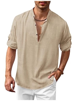 Men's Cotton Linen Henley Shirt Casual Beach Hippie Shirts Long Sleeve T-Shirts