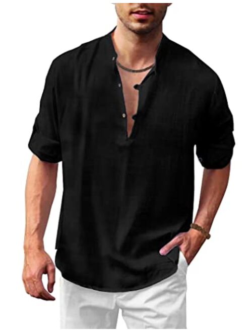 COOFANDY Men's Cotton Linen Henley Shirt Casual Beach Hippie Shirts Long Sleeve T-Shirts