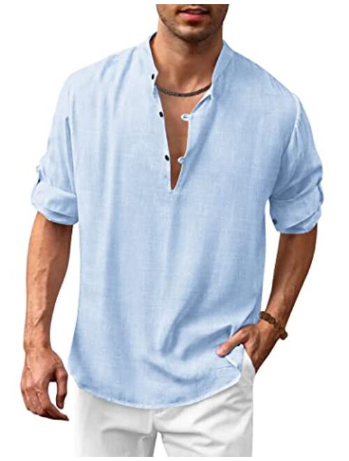 COOFANDY Men's Cotton Linen Henley Shirt Casual Beach Hippie Shirts Long Sleeve T-Shirts