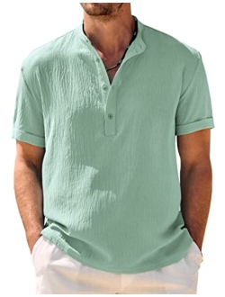 Men's Casual Henley Shirt Band Collar Short Sleeve Shirt Summer Beach Hippie Shirt