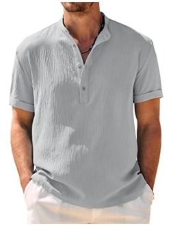 Men's Casual Henley Shirt Band Collar Short Sleeve Shirt Summer Beach Hippie Shirt