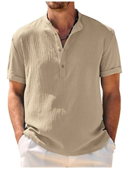 Men's Casual Henley Shirt Band Collar Short Sleeve Shirt Summer Beach Hippie Shirt