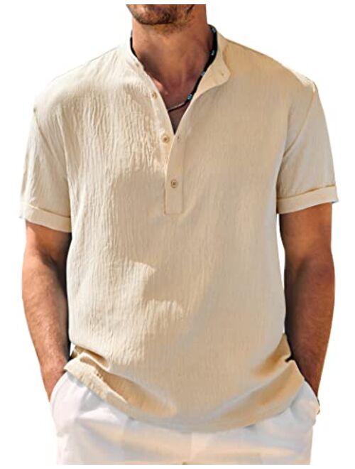 COOFANDY Men's Casual Henley Shirt Band Collar Short Sleeve Shirt Summer Beach Hippie Shirt