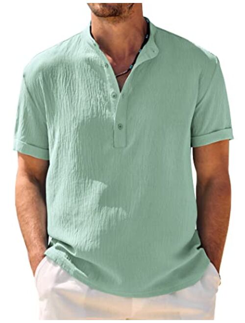 COOFANDY Men's Casual Henley Shirt Band Collar Short Sleeve Shirt Summer Beach Hippie Shirt