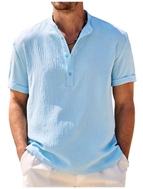 COOFANDY Men's Casual Henley Shirt Band Collar Short Sleeve Shirt Summer Beach Hippie Shirt