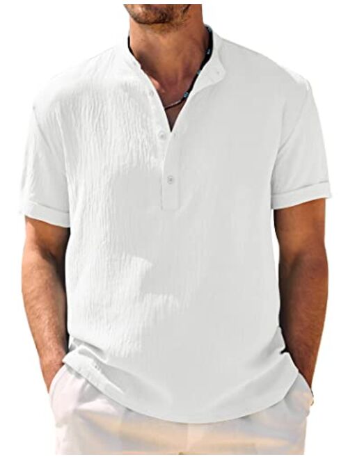 COOFANDY Men's Casual Henley Shirt Band Collar Short Sleeve Shirt Summer Beach Hippie Shirt