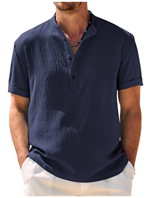 COOFANDY Men's Casual Henley Shirt Band Collar Short Sleeve Shirt Summer Beach Hippie Shirt