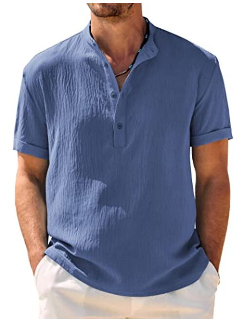 COOFANDY Men's Casual Henley Shirt Band Collar Short Sleeve Shirt Summer Beach Hippie Shirt