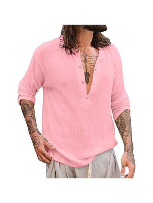 Rela Bota Men's Casual Henley Shirts Long Sleeve Solid Color Beach T Shirts Hippie Yoga Summer Top