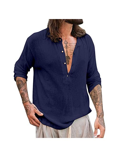 Rela Bota Men's Casual Henley Shirts Long Sleeve Solid Color Beach T Shirts Hippie Yoga Summer Top