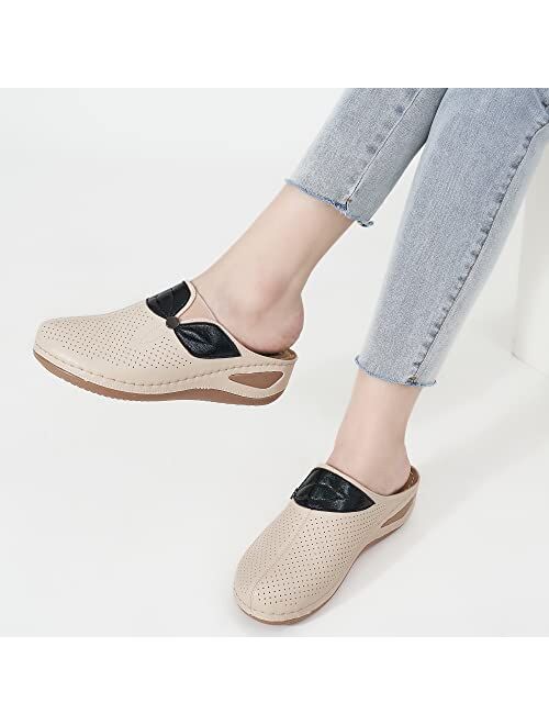 Ecetana Clogs for Women Comfortable Slip on Leather Mule Womens Casual Wedge Sandals Shoes