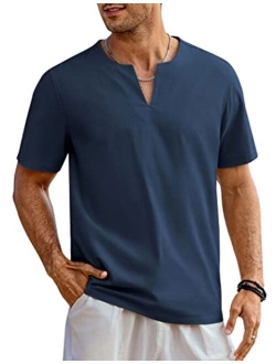 Men's Cotton Linen Henley Shirt Short Sleeve Casual Beach T Shirts V Neck Summer Lightweight Yoga