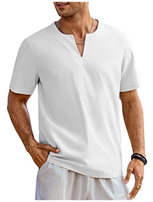 COOFANDY Men's Cotton Linen Henley Shirt Short Sleeve Casual Beach T Shirts V Neck Summer Lightweight Yoga