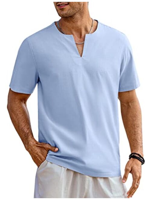 COOFANDY Men's Cotton Linen Henley Shirt Short Sleeve Casual Beach T Shirts V Neck Summer Lightweight Yoga