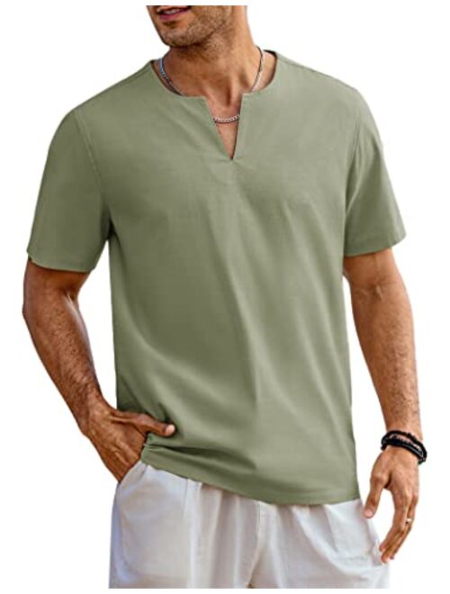 COOFANDY Men's Cotton Linen Henley Shirt Short Sleeve Casual Beach T Shirts V Neck Summer Lightweight Yoga