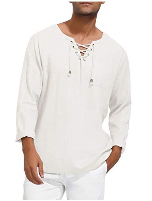 PJ PAUL JONES Men's Casual Long Sleeve Linen Tee Shirt Hippie V Neck Yoga Tops 006