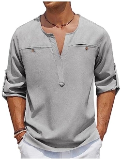 Men's Linen Henley Shirt Long Sleeve Casual Hippie Tops Summer Beach T Shirts