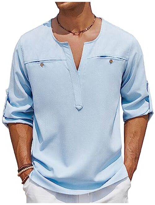 COOFANDY Men's Linen Henley Shirt Long Sleeve Casual Hippie Tops Summer Beach T Shirts