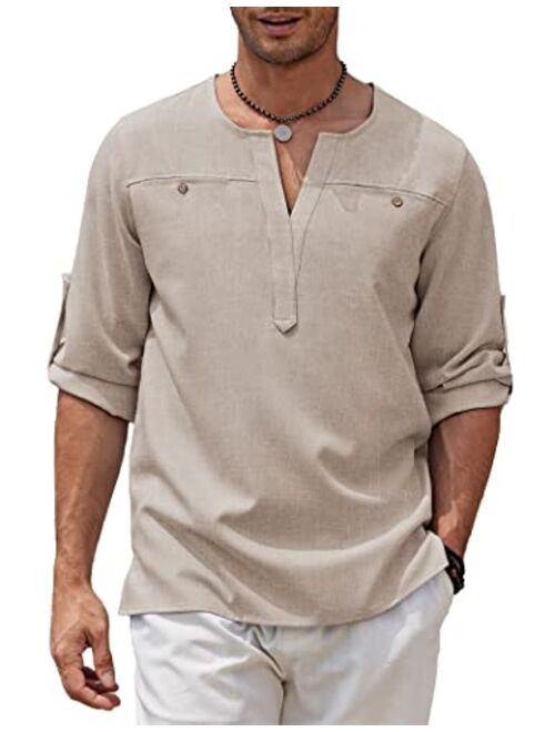 COOFANDY Men's Linen Henley Shirt Long Sleeve Casual Hippie Tops Summer Beach T Shirts