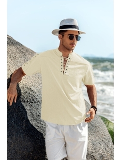 Mens Beach Shirt Short Sleeve Lace Up Hippie T Shirt V Neck Pirate Shirt