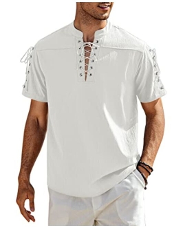 Mens Beach Shirt Short Sleeve Lace Up Hippie T Shirt V Neck Pirate Shirt