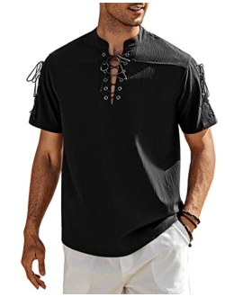 Mens Beach Shirt Short Sleeve Lace Up Hippie T Shirt V Neck Pirate Shirt