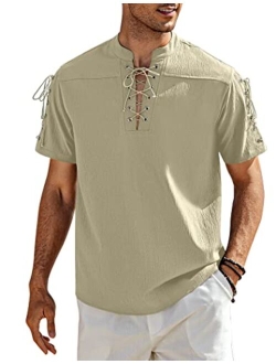 Mens Beach Shirt Short Sleeve Lace Up Hippie T Shirt V Neck Pirate Shirt