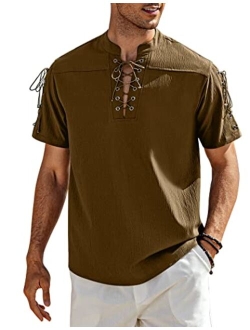 Mens Beach Shirt Short Sleeve Lace Up Hippie T Shirt V Neck Pirate Shirt