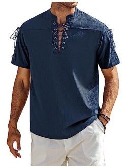 Mens Beach Shirt Short Sleeve Lace Up Hippie T Shirt V Neck Pirate Shirt