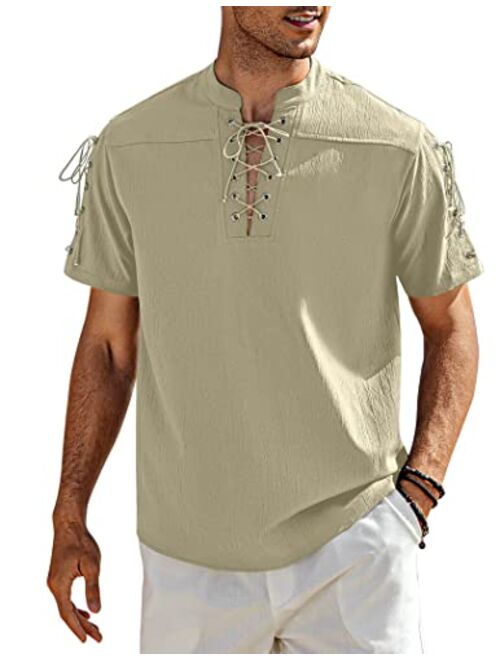 COOFANDY Mens Beach Shirt Short Sleeve Lace Up Hippie T Shirt V Neck Pirate Shirt