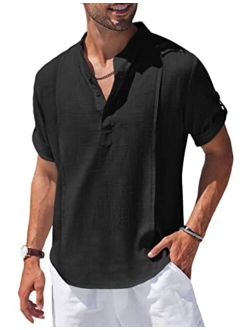 Men's Linen Henley Shirts Short Sleeve Casual Banded Collar Shirt Summer Beach Hippie T Shirts