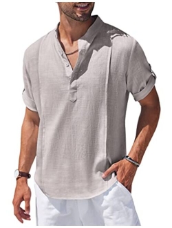 Men's Linen Henley Shirts Short Sleeve Casual Banded Collar Shirt Summer Beach Hippie T Shirts