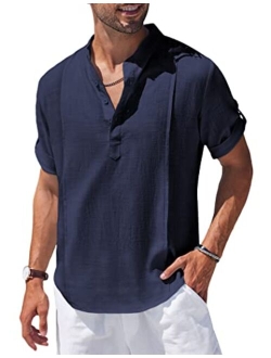 Men's Linen Henley Shirts Short Sleeve Casual Banded Collar Shirt Summer Beach Hippie T Shirts