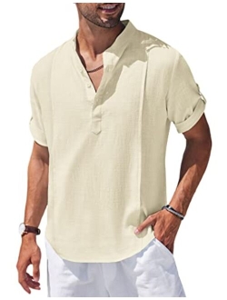 Men's Linen Henley Shirts Short Sleeve Casual Banded Collar Shirt Summer Beach Hippie T Shirts