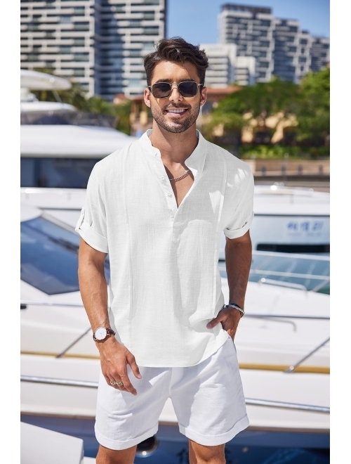 COOFANDY Men's Linen Henley Shirts Short Sleeve Casual Banded Collar Shirt Summer Beach Hippie T Shirts