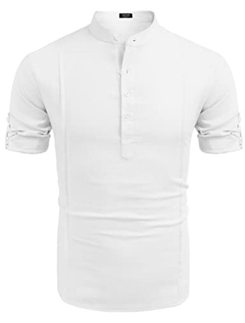 COOFANDY Men's Linen Henley Shirts Short Sleeve Casual Banded Collar Shirt Summer Beach Hippie T Shirts