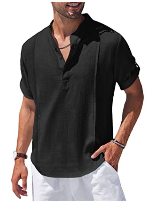 COOFANDY Men's Linen Henley Shirts Short Sleeve Casual Banded Collar Shirt Summer Beach Hippie T Shirts