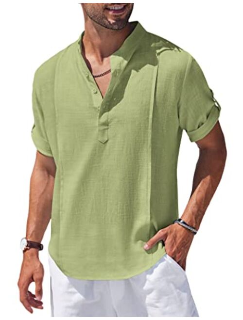 COOFANDY Men's Linen Henley Shirts Short Sleeve Casual Banded Collar Shirt Summer Beach Hippie T Shirts