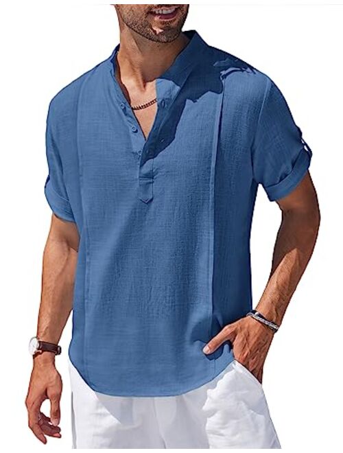 COOFANDY Men's Linen Henley Shirts Short Sleeve Casual Banded Collar Shirt Summer Beach Hippie T Shirts