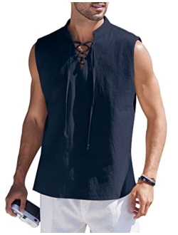 Men Tank Top Cotton Linen Beach Sleeveless Shirt Lace Up Bohemian Hippie Renaissance Pirate Kilt Medieval Tunic