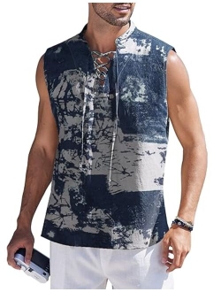 Men Tank Top Cotton Linen Beach Sleeveless Shirt Lace Up Bohemian Hippie Renaissance Pirate Kilt Medieval Tunic