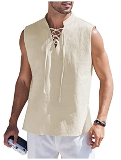 Men Tank Top Cotton Linen Beach Sleeveless Shirt Lace Up Bohemian Hippie Renaissance Pirate Kilt Medieval Tunic