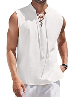 Men Tank Top Cotton Linen Beach Sleeveless Shirt Lace Up Bohemian Hippie Renaissance Pirate Kilt Medieval Tunic