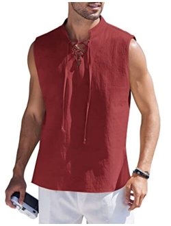 Men Tank Top Cotton Linen Beach Sleeveless Shirt Lace Up Bohemian Hippie Renaissance Pirate Kilt Medieval Tunic